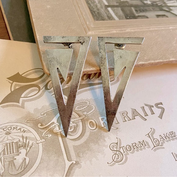 Large Vintage Sterling Silver Taxco Geometric Triangle Pierced Earrings TS-45 - Picture 4 of 11